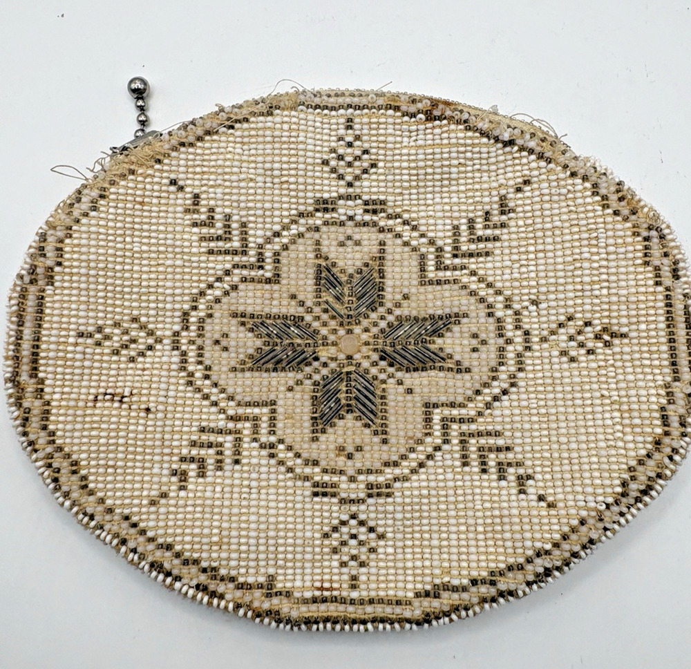 Vintage Mid Century Czechoslovakia Beaded Purse Mini Ivory Chevron Handle Zip